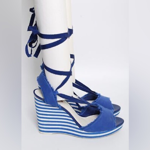 PRADA Cloth Striped Cobalt Blue Canvas Ankle Lace Up Wedges Heels Sandals - Picture 7 of 9